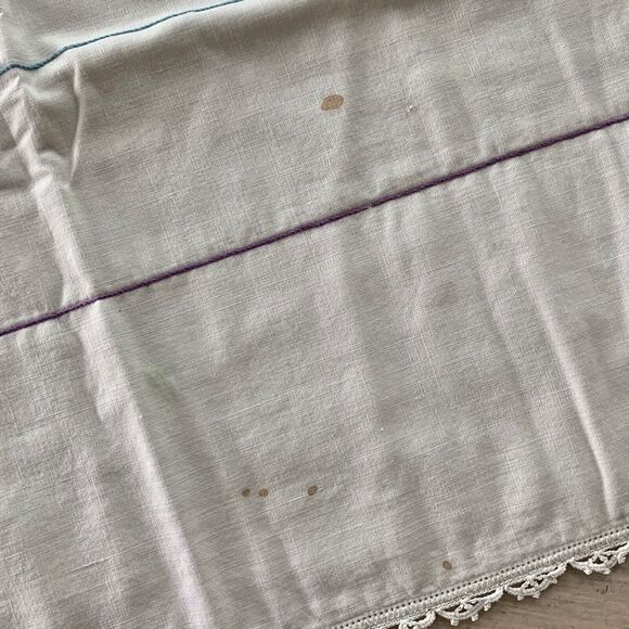 Hand Embroidered Square Tablecloth Cottage Core Crochet Lace Edge Granny Vtg - Picture 3 of 3